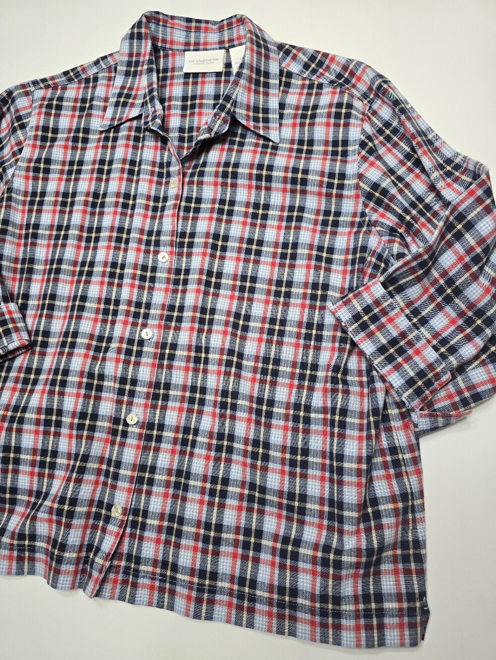 Liz Claiborne Red, Navy & White Plaid Button-Down 3/4 Sleeve Shirt
